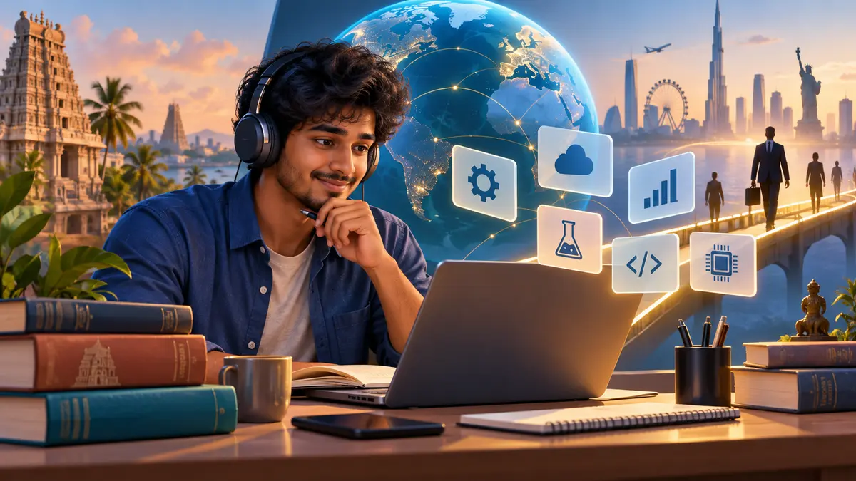 Tamil-speaking learner building global technical vocabulary with Claude