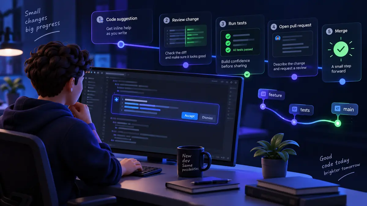 Developer reviewing a GitHub Copilot code suggestion before testing and approval