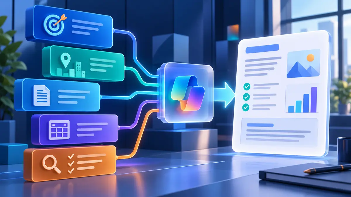Structured workplace prompt blocks flowing into a polished Copilot response
