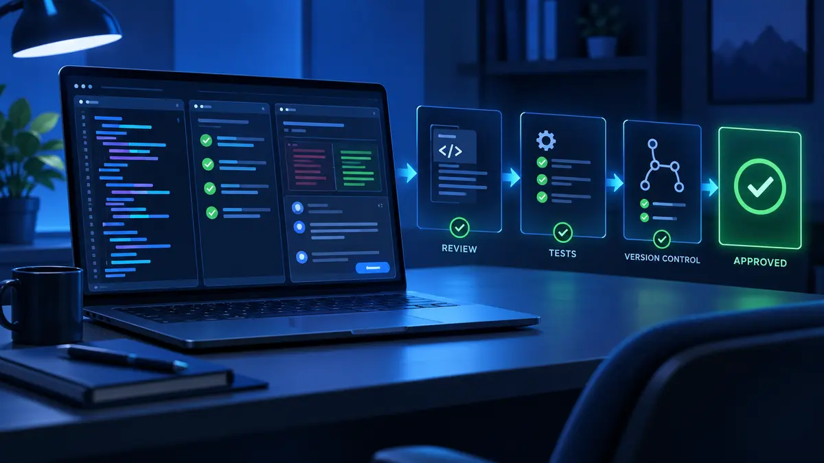 Claude-assisted code moving through developer review, tests and version control