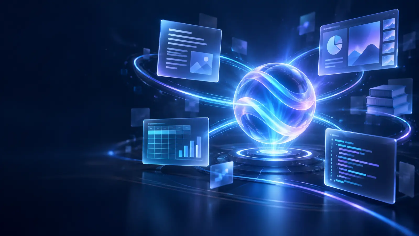 Professional Microsoft Copilot workspace connecting documents, data and code