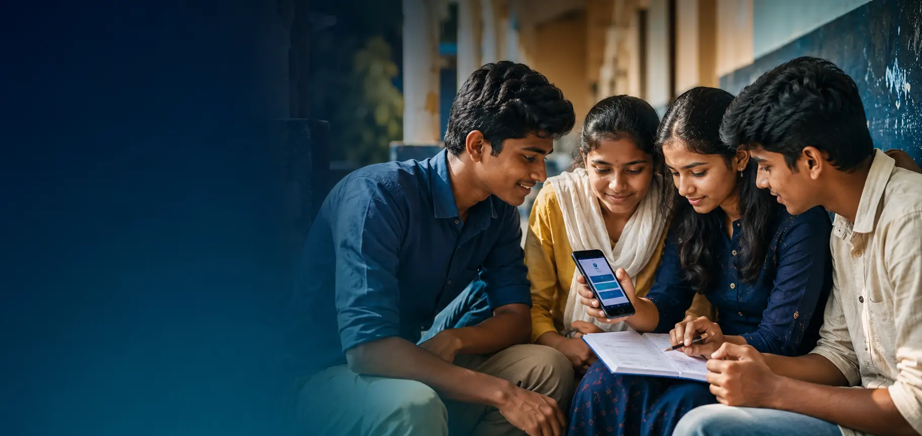 Students revising together with a notebook and mobile phone